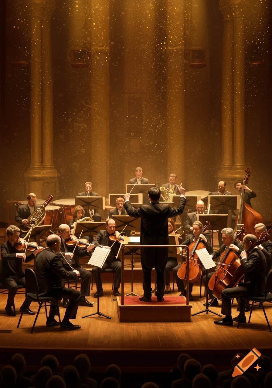 A grand orchestra performs on a golden-lit stage, viewed from the audience, with a conductor leading the musicians.