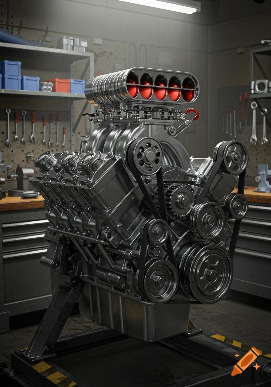 Photorealistic detailed V8 engine on a stand in a garage with tools, depicting mechanical intricacies.