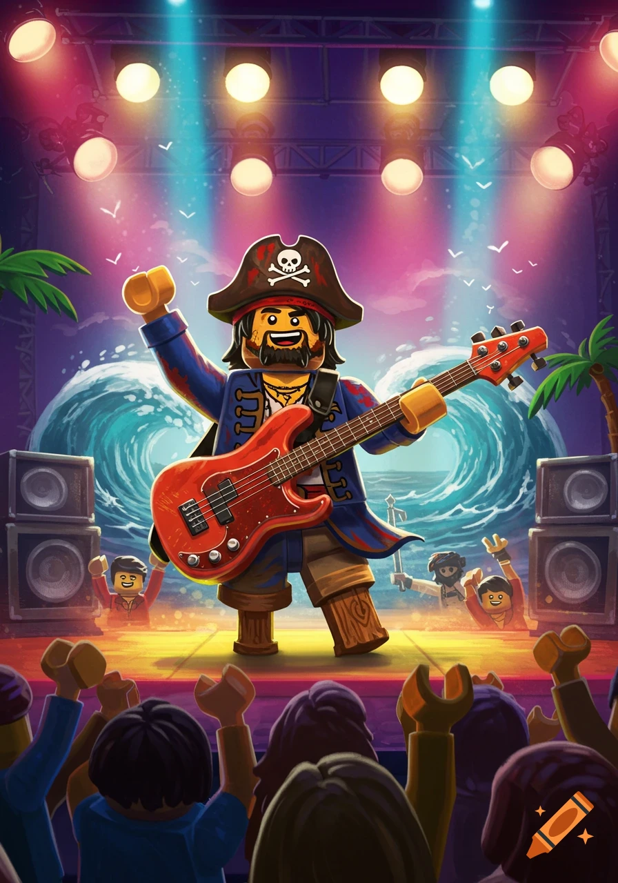 A Lego pirate with a wooden leg plays a red bass guitar on a bright stage in front of a cheering crowd, with a large wave behind him.