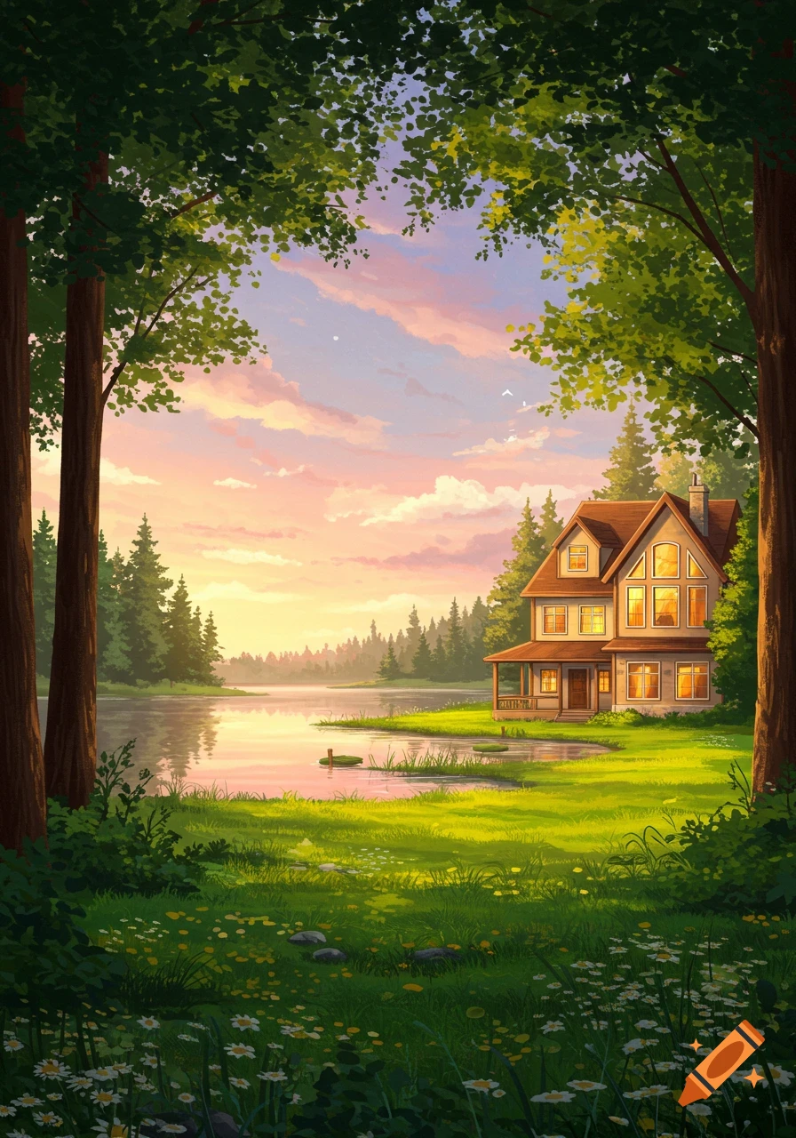Illustrated cozy house by a tranquil lake, surrounded by lush trees under a vibrant sunset sky.
