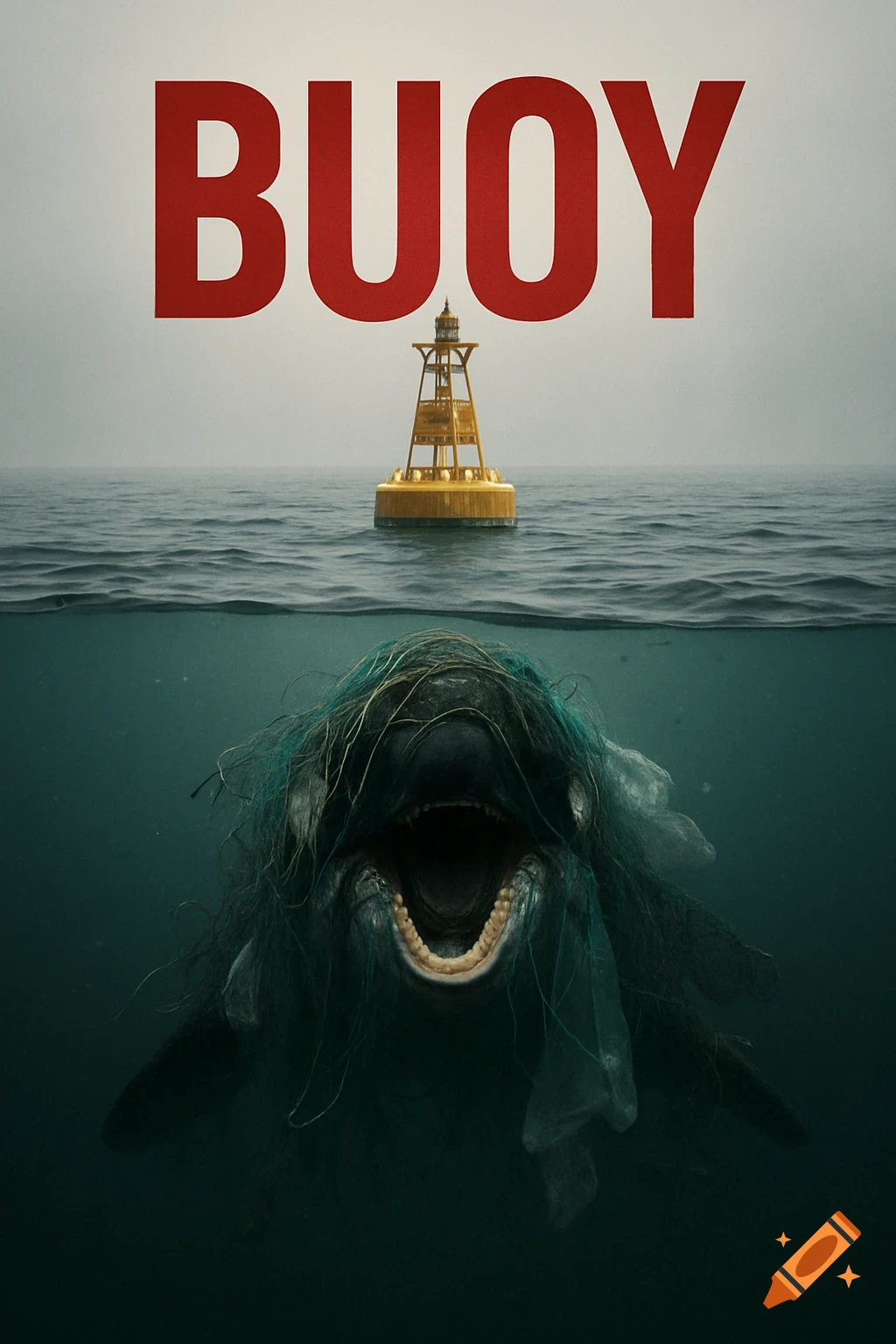 Movie poster for 'BUOY' showing a split view of a golden buoy on a misty ocean above, and a marine creature entangled in plastic pollution with its mouth open underwater.