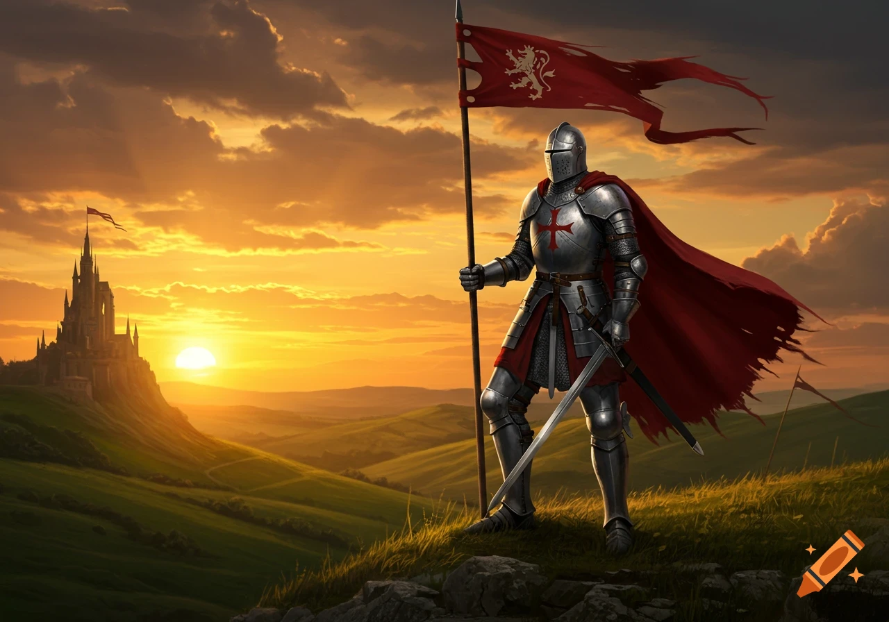 A knight in full plate armor holding a red flag with a lion emblem stands on a hill overlooking a castle at sunset, against an orange sky.