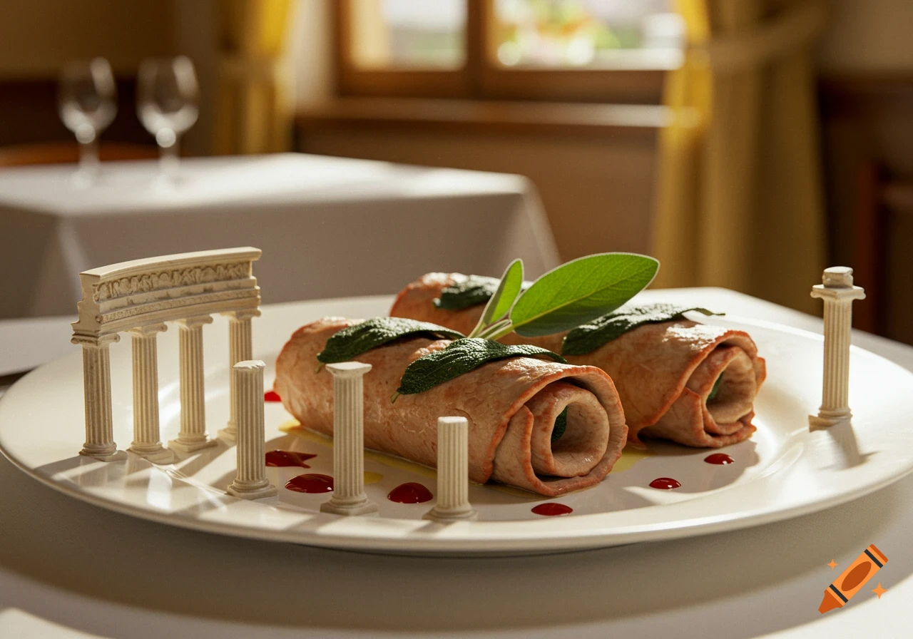 Three meat rolls garnished with sage, served on a white plate with miniature Roman ruins and red sauce drops in a restaurant setting.