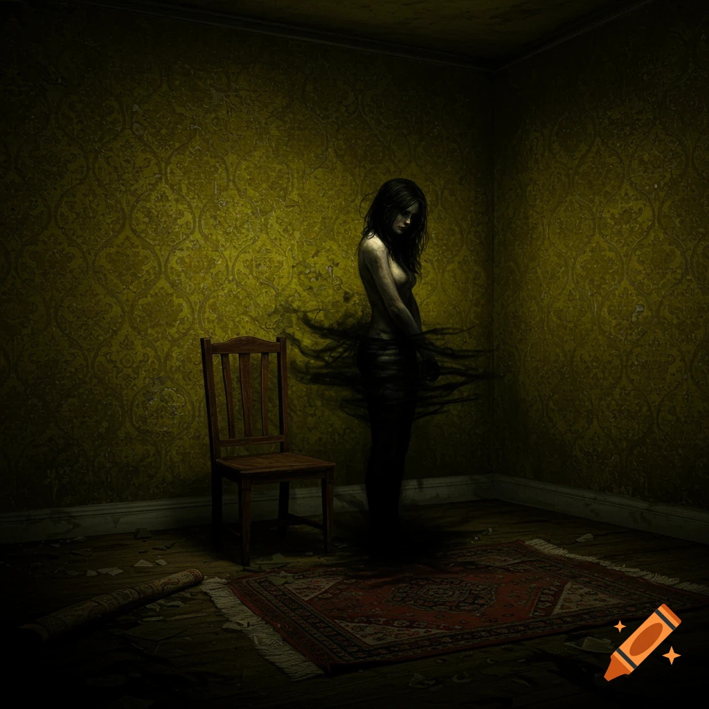 A somber digital painting of a woman with a black aura in a dilapidated room with peeling yellow wallpaper, an old chair, and a patterned rug.