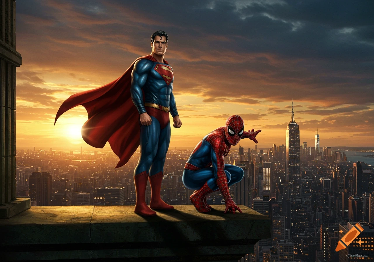 Superman and Spider-Man pose on a skyscraper rooftop overlooking a vibrant city at sunset, in a detailed comic book art style.