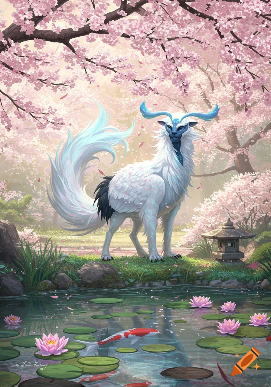 A white and blue horned fantasy creature stands by a lily-pad pond with koi, surrounded by vibrant pink cherry blossoms in a digital painting.