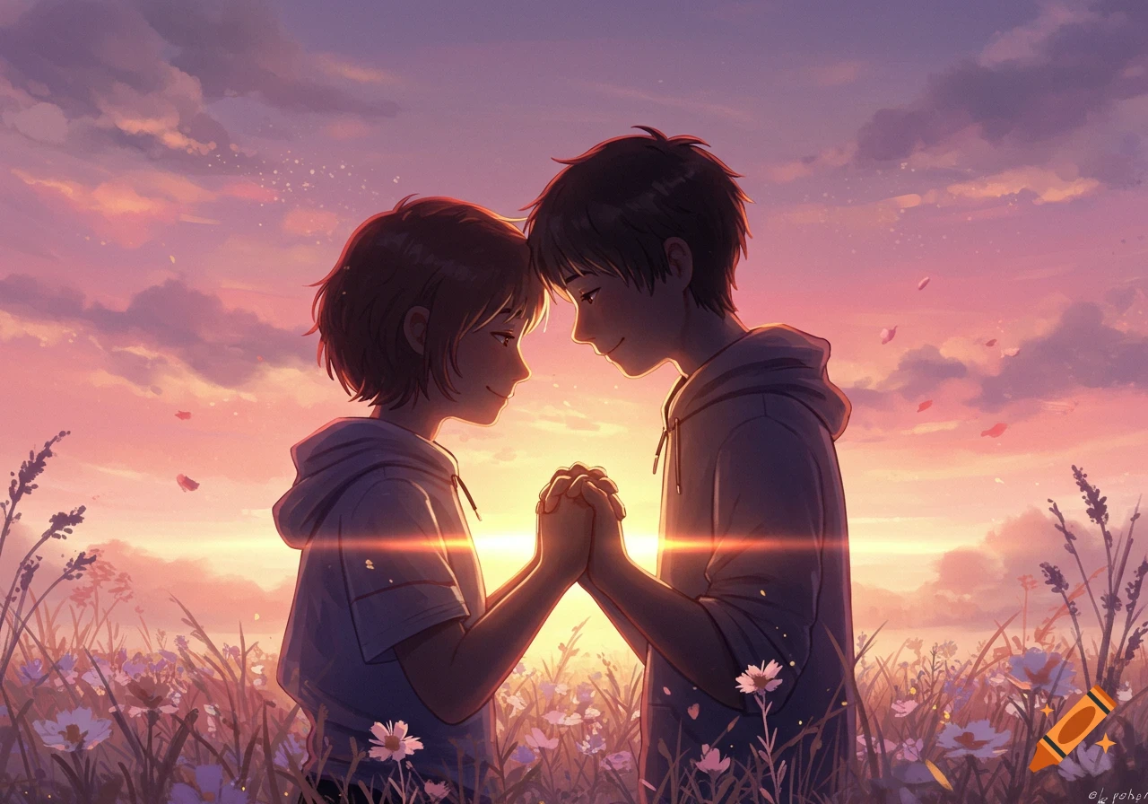 Anime couple holding hands and touching foreheads in a flower field at sunset, artistic illustration.