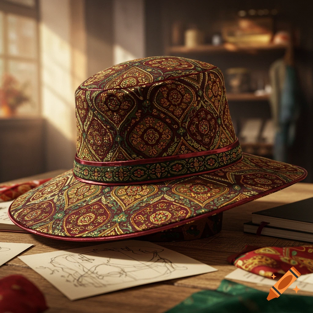 A richly patterned hat with red, gold, and green designs rests on a wooden table with sketches, in a photorealistic style.