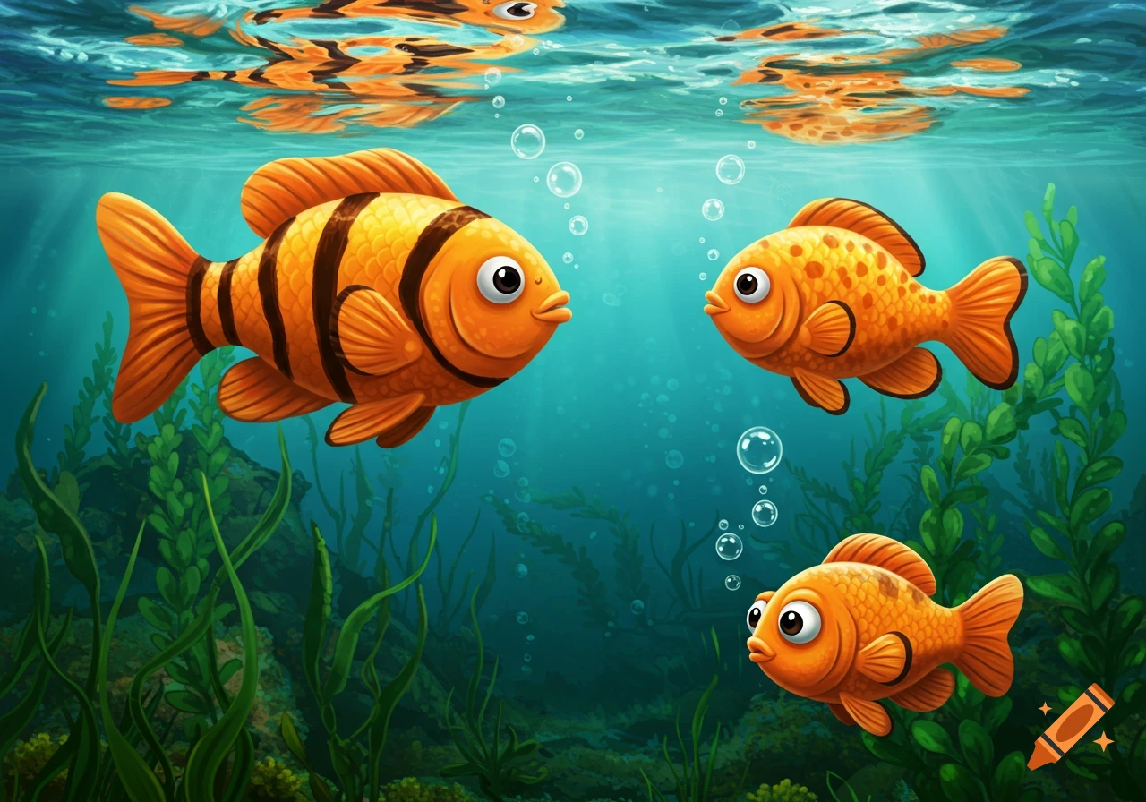 Cartoon illustration of three orange fish, one striped and two spotted, swimming among bubbles and green seaweed underwater.