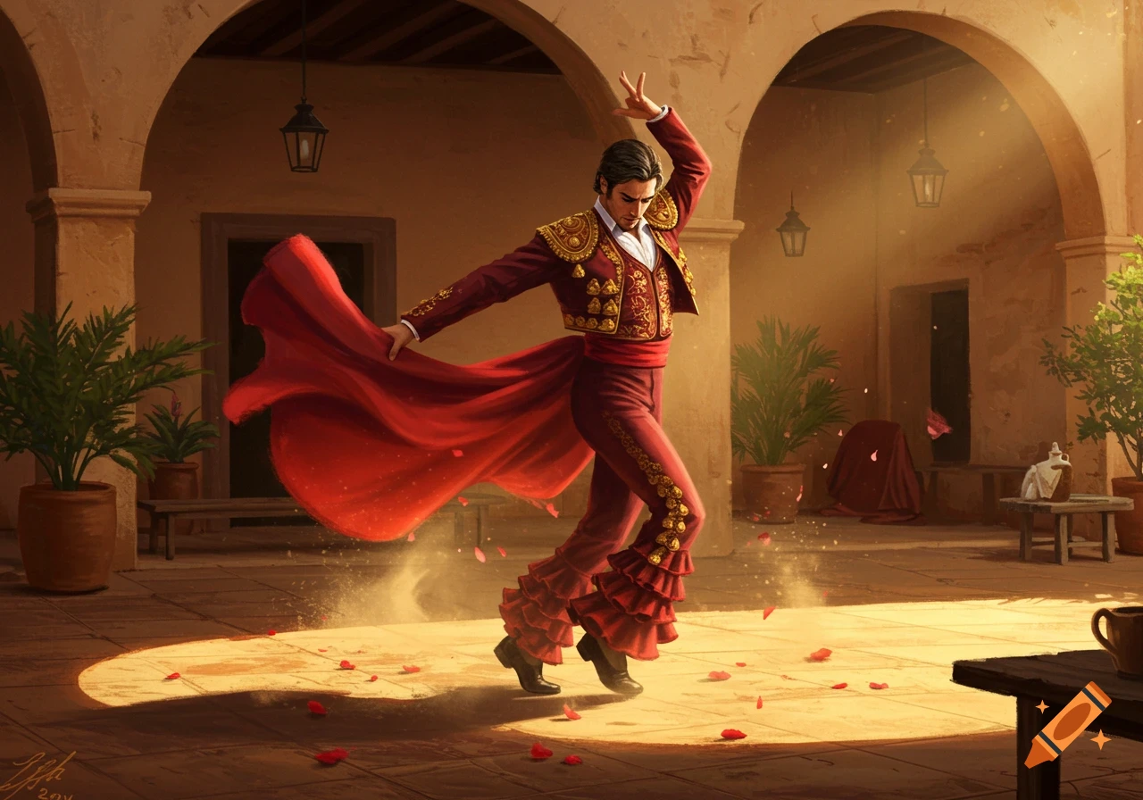 A man in a red and gold ornate suit with ruffled pants dances flamenco in a sunlit arched courtyard with scattered rose petals, digital art.