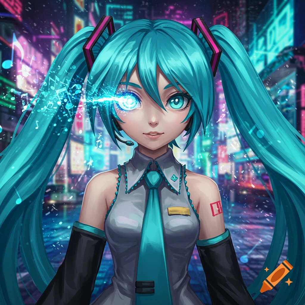 Digital art of Hatsune Miku with glowing blue pigtails and a luminous blue eye in a vibrant, neon-lit cyberpunk city.