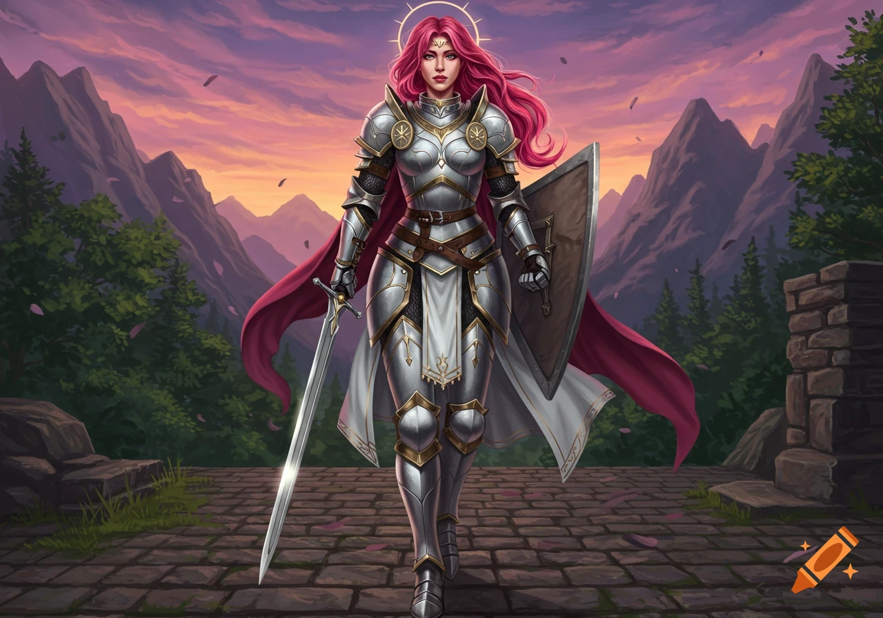 A majestic female paladin with long pink hair and a glowing halo, clad in shining silver and gold plate armor, holding a sword and shield, stands on a stone path with mountains and a sunset sky in the background.