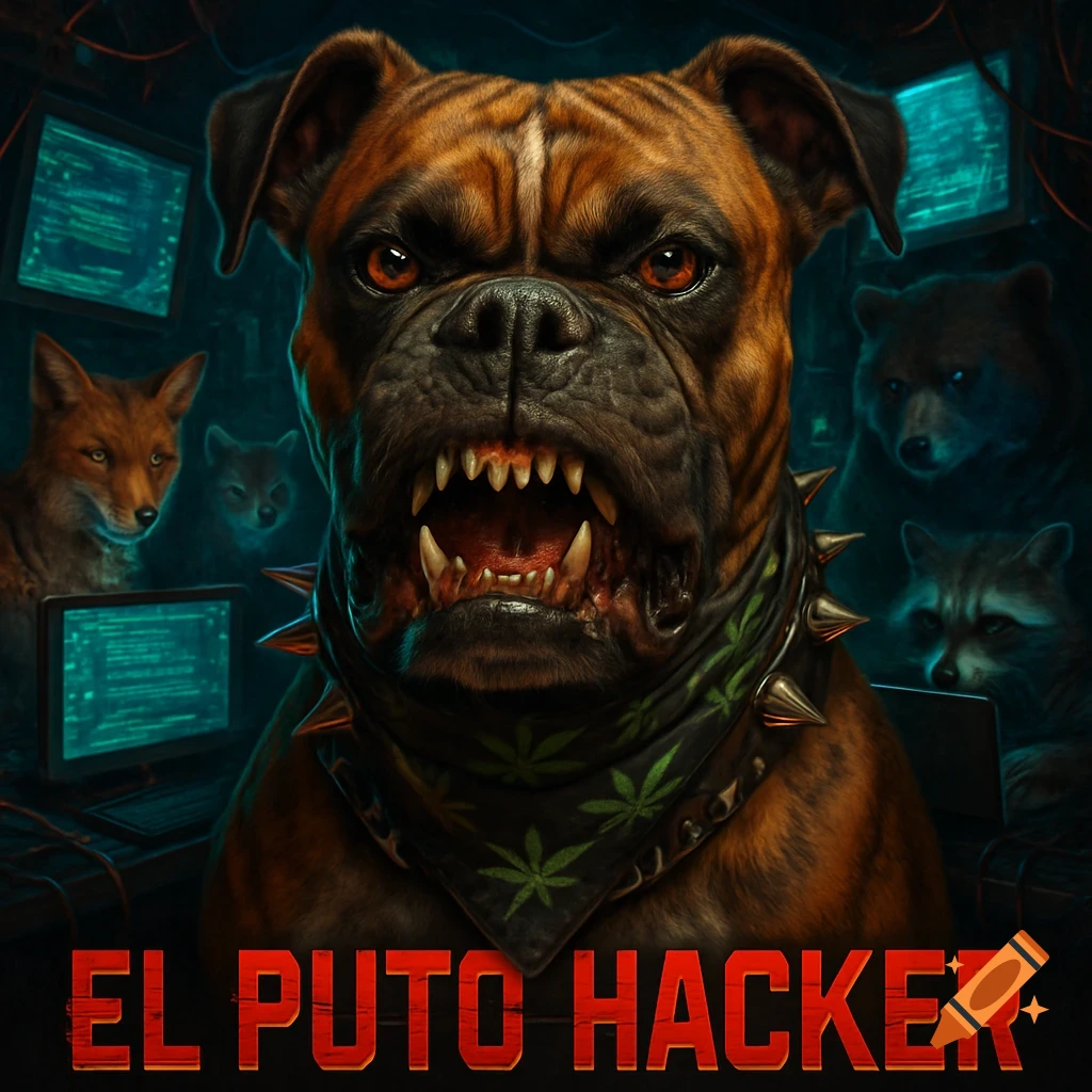 A fierce boxer dog with a spiked collar and marijuana bandana snarls, surrounded by hacker animals and computers, with 'EL PUTO HACKER' in red text.