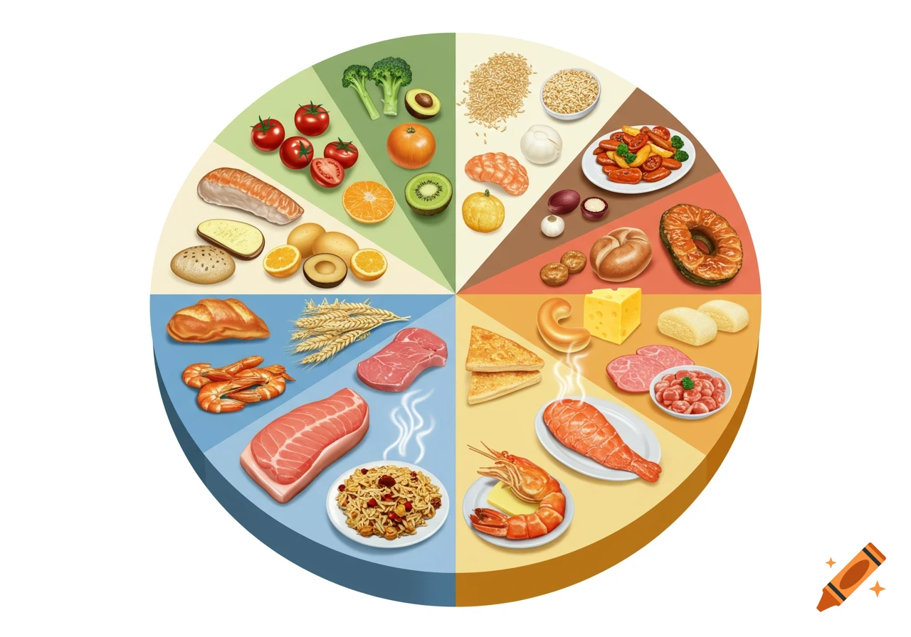 An illustrated food wheel diagram showing various food groups like fruits, vegetables, grains, meats, seafood, and dairy.
