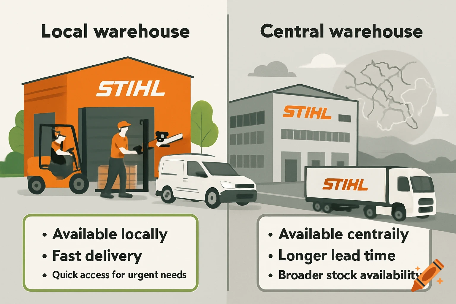 An illustration comparing a local STIHL warehouse with fast delivery to a central STIHL warehouse with longer lead times and broader stock availability.