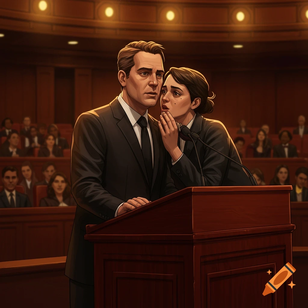 An illustrated man in a suit stands at a lectern, as a woman whispers into his ear in a formal auditorium.