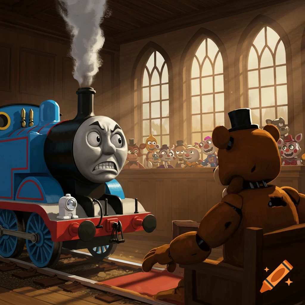 Angry Thomas the Tank Engine faces Freddy Fazbear in a courtroom with a jury of animatronics.