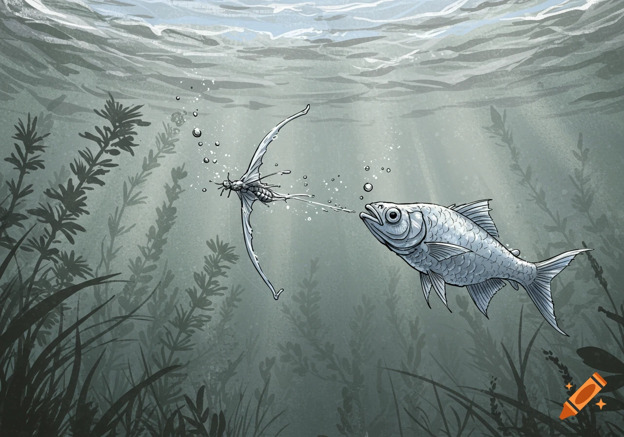 An illustration depicts an archerfish shooting a stream of water at a flying insect just above its open mouth, underwater amidst aquatic plants.
