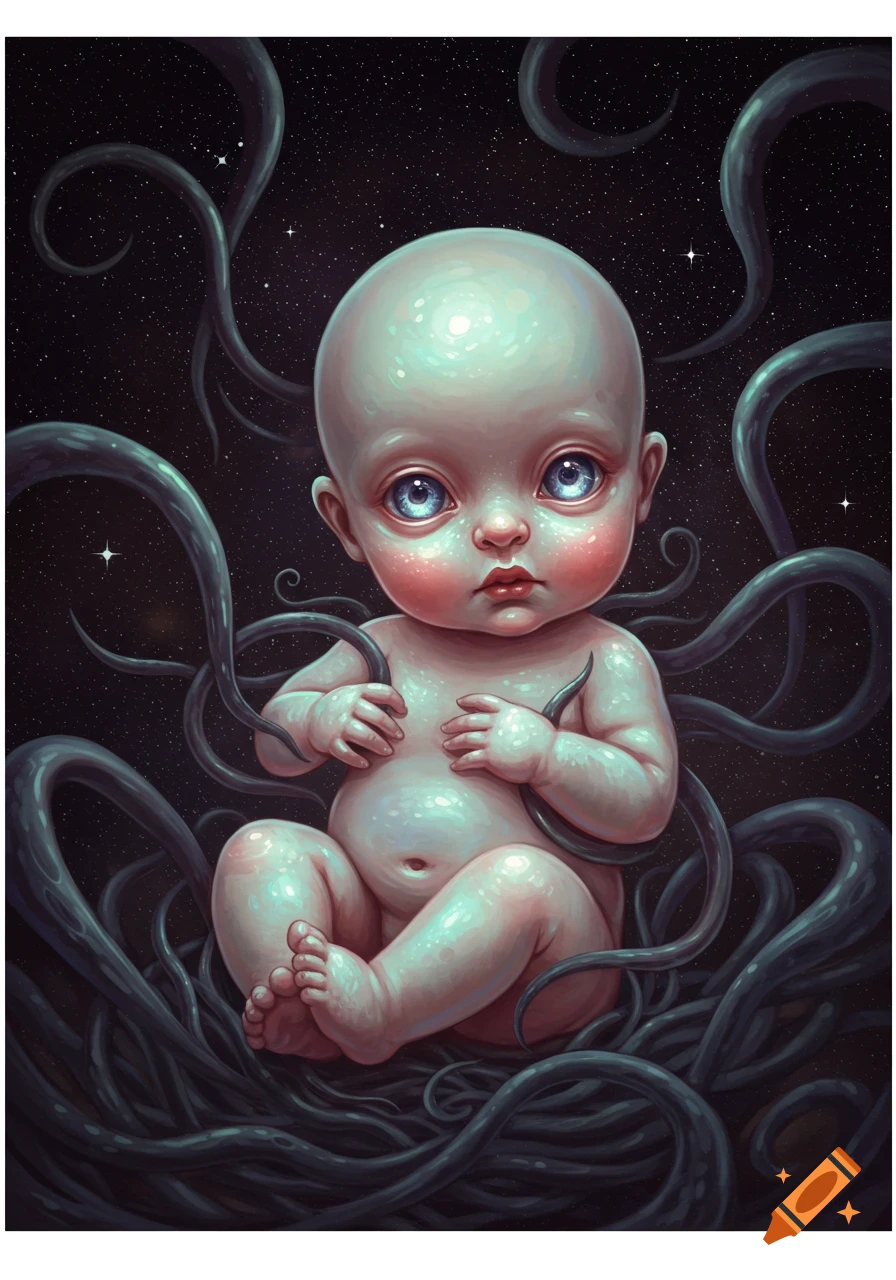 An otherworldly, pale baby with large blue eyes sits among dark tendrils in a starry cosmic void.