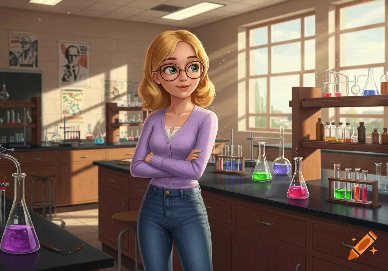 A cartoon illustration of a young woman with blonde hair and glasses, wearing a purple cardigan, standing in a science lab.