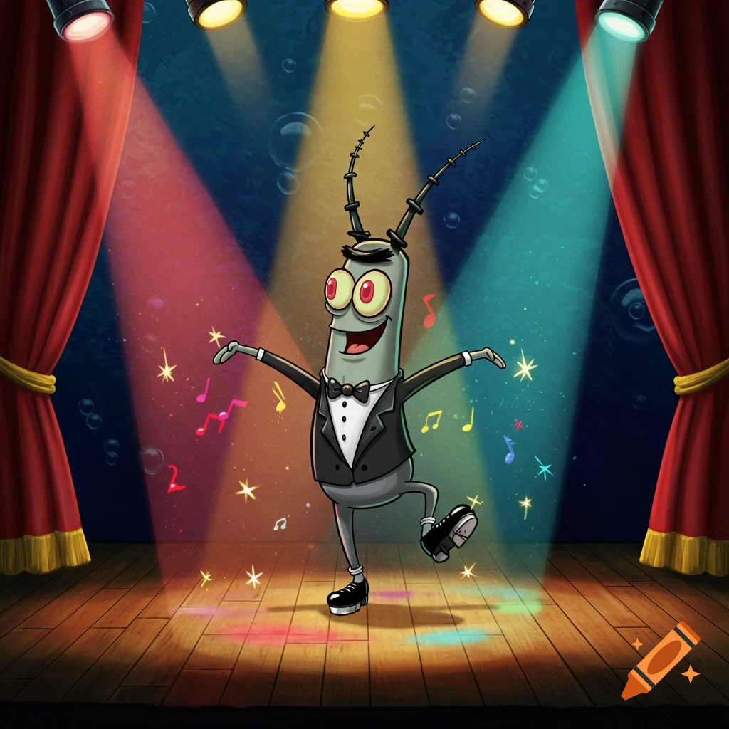 Cartoon character Plankton in a tuxedo tap dancing on a brightly lit stage with red curtains and musical notes.