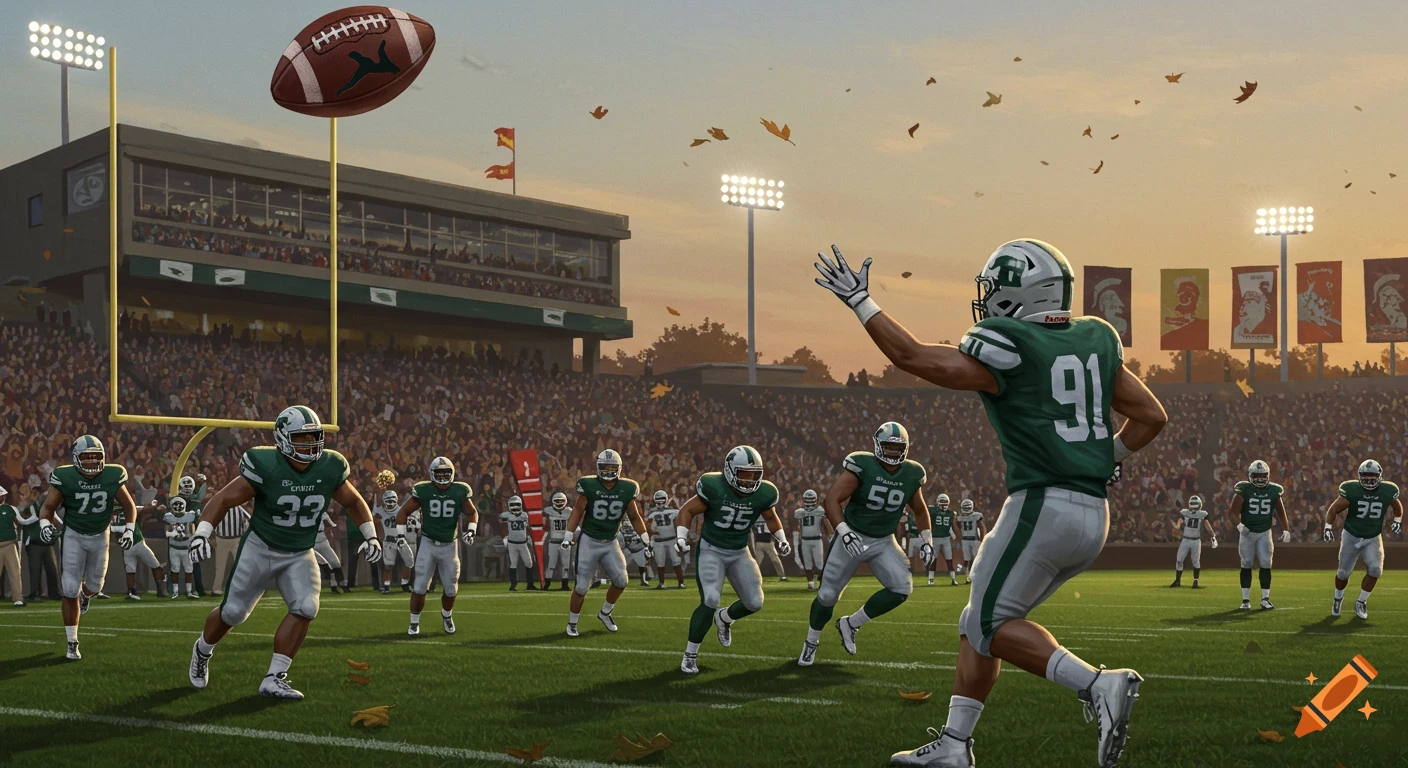 An American football game at sunset, with a football in the air between goalposts. Players in green and white uniforms run on the field as fans watch from the stands.
