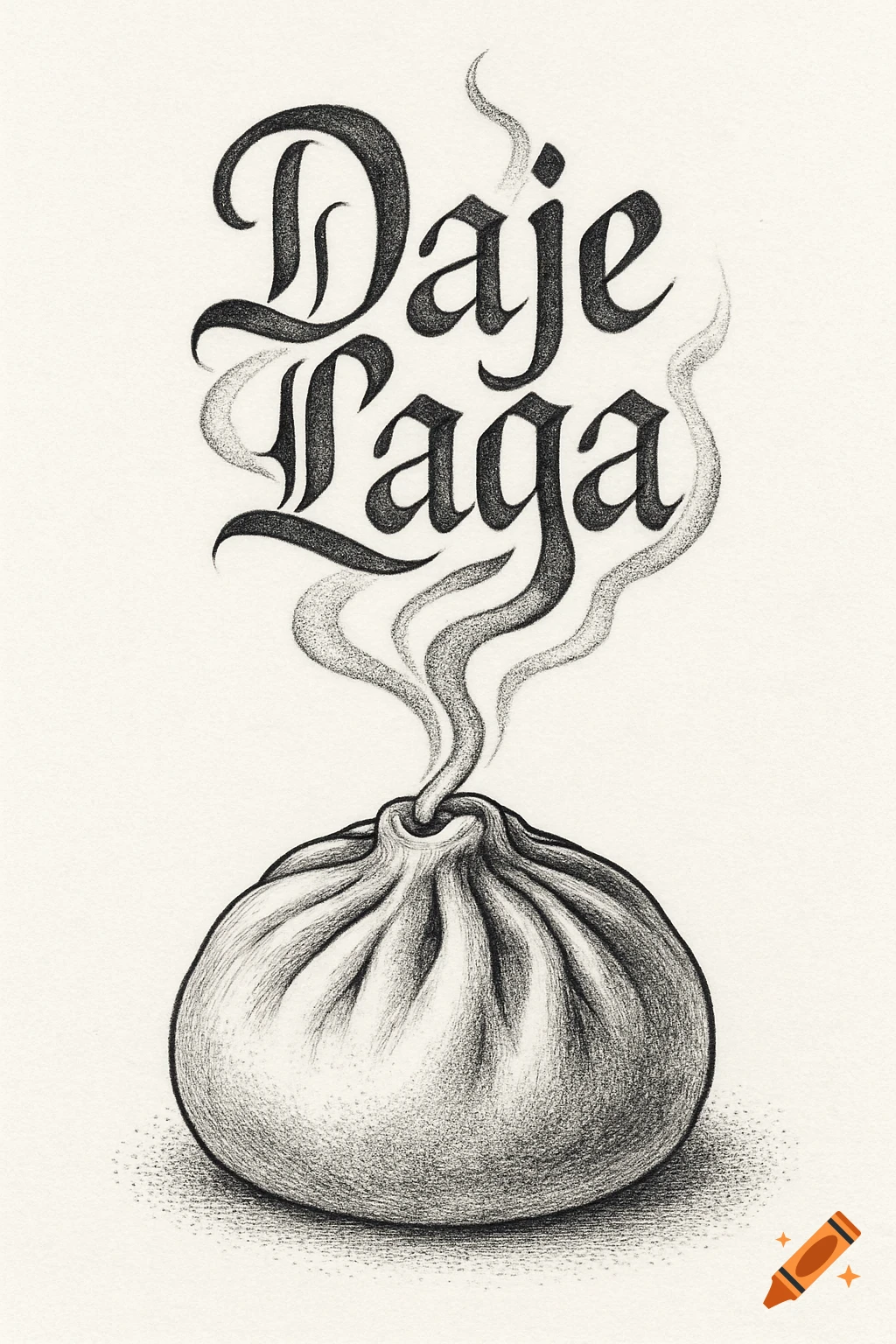 Detailed black and white tattoo-style illustration of a steamed bun with steam forming the words Daje Laga.