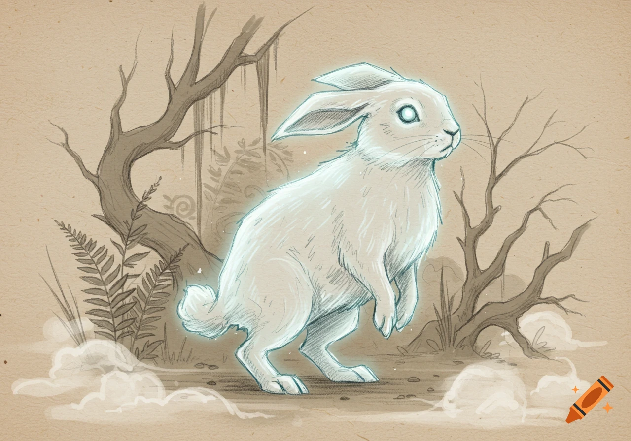 A glowing white ghost rabbit stands on its hind legs in a detailed sketch of a forest with barren trees and ferns.