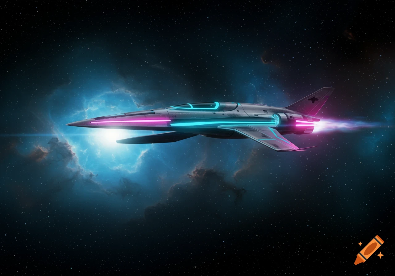 A sleek, futuristic space plane with glowing pink and blue lights flies through a starfield with a vibrant blue nebula.