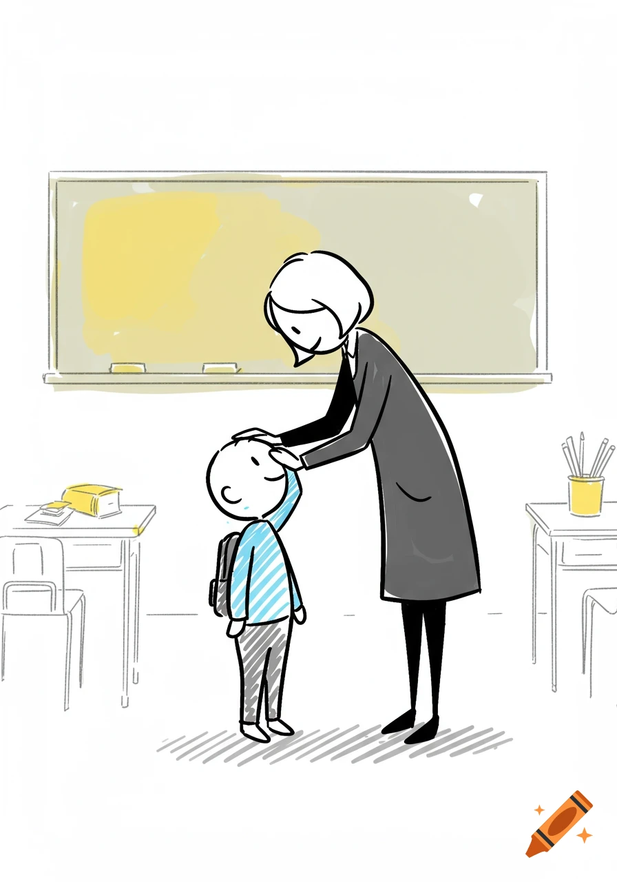 A stick figure teacher gently pats a student on the head in a classroom with a blackboard and desks.