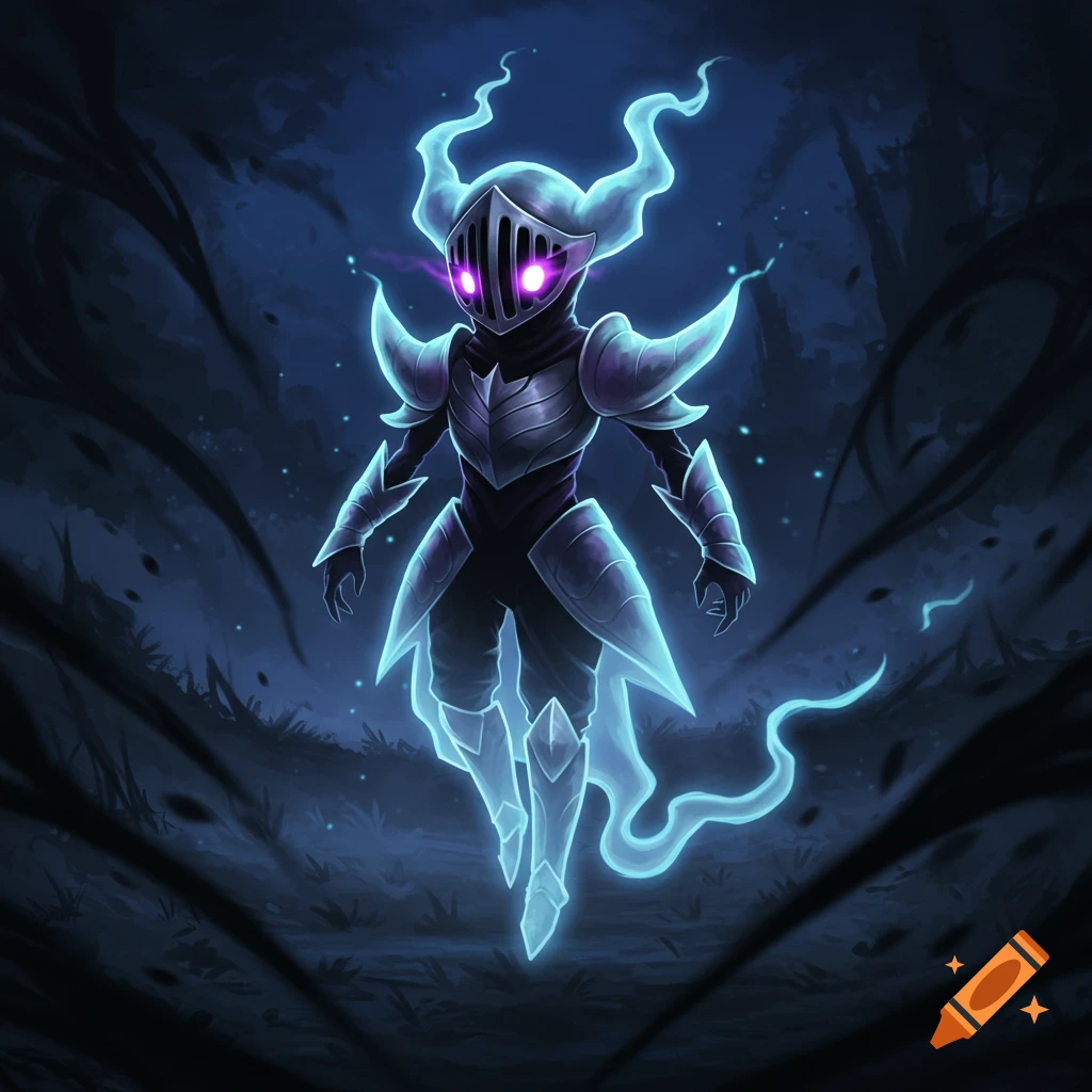 A glowing blue shadow knight ghost with purple eyes and metal armor floats in a dark, shadowy forest.