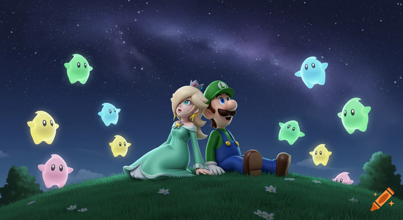 Rosalina and Luigi sit on a grassy hill, looking at a starry night sky filled with glowing Lumas.