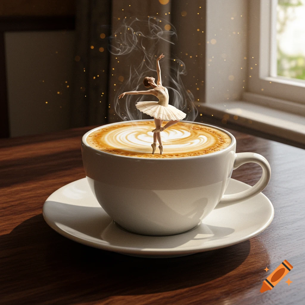 Tiny ballerina dancing en pointe on latte art in a coffee cup, with steam and golden sparkles.