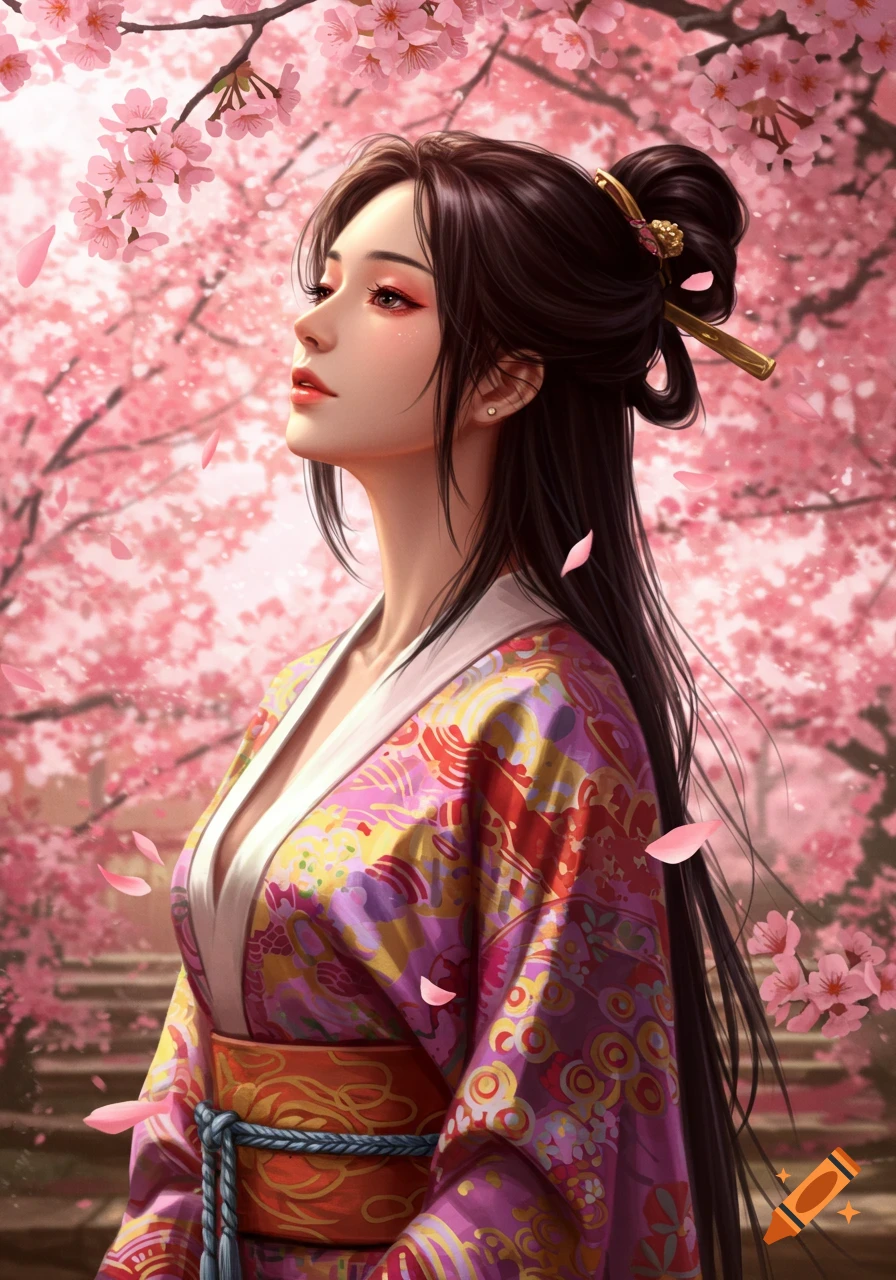Stylized portrait of a woman in a colorful kimono amidst pink cherry blossoms, looking upwards.