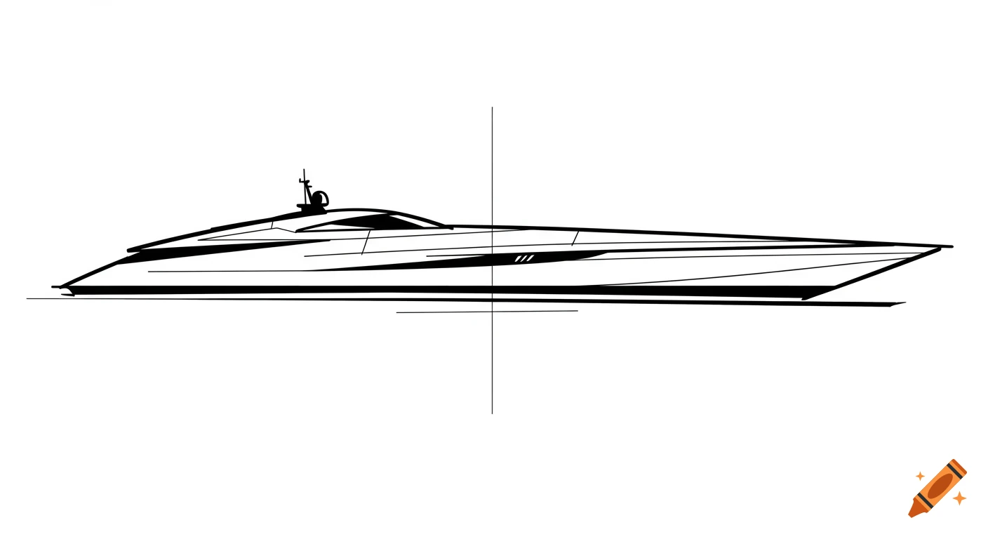 A simple black and white line drawing of a sleek vessel or yacht viewed from the side, with a central crosshair.