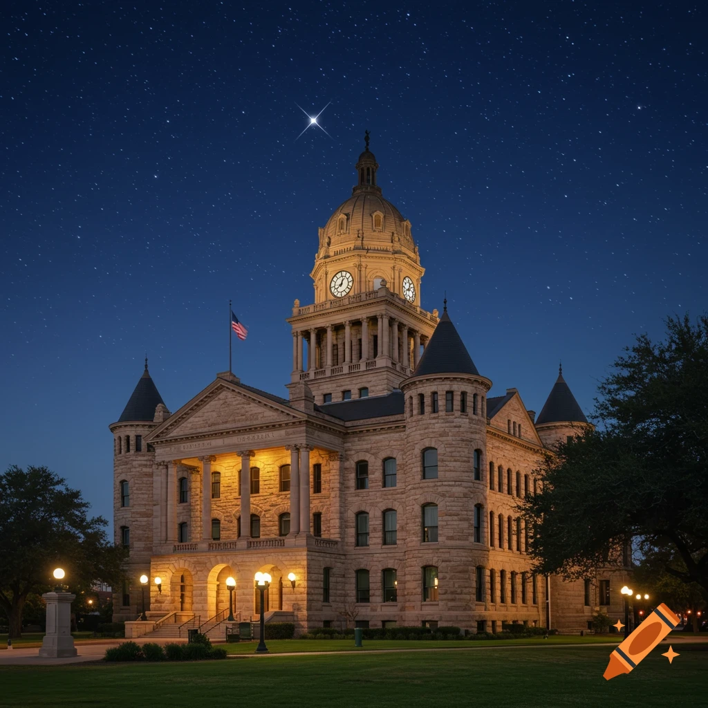 Photorealistic image of Tarrant County Courthouse lit up at night under a star-filled sky, with one prominent star.