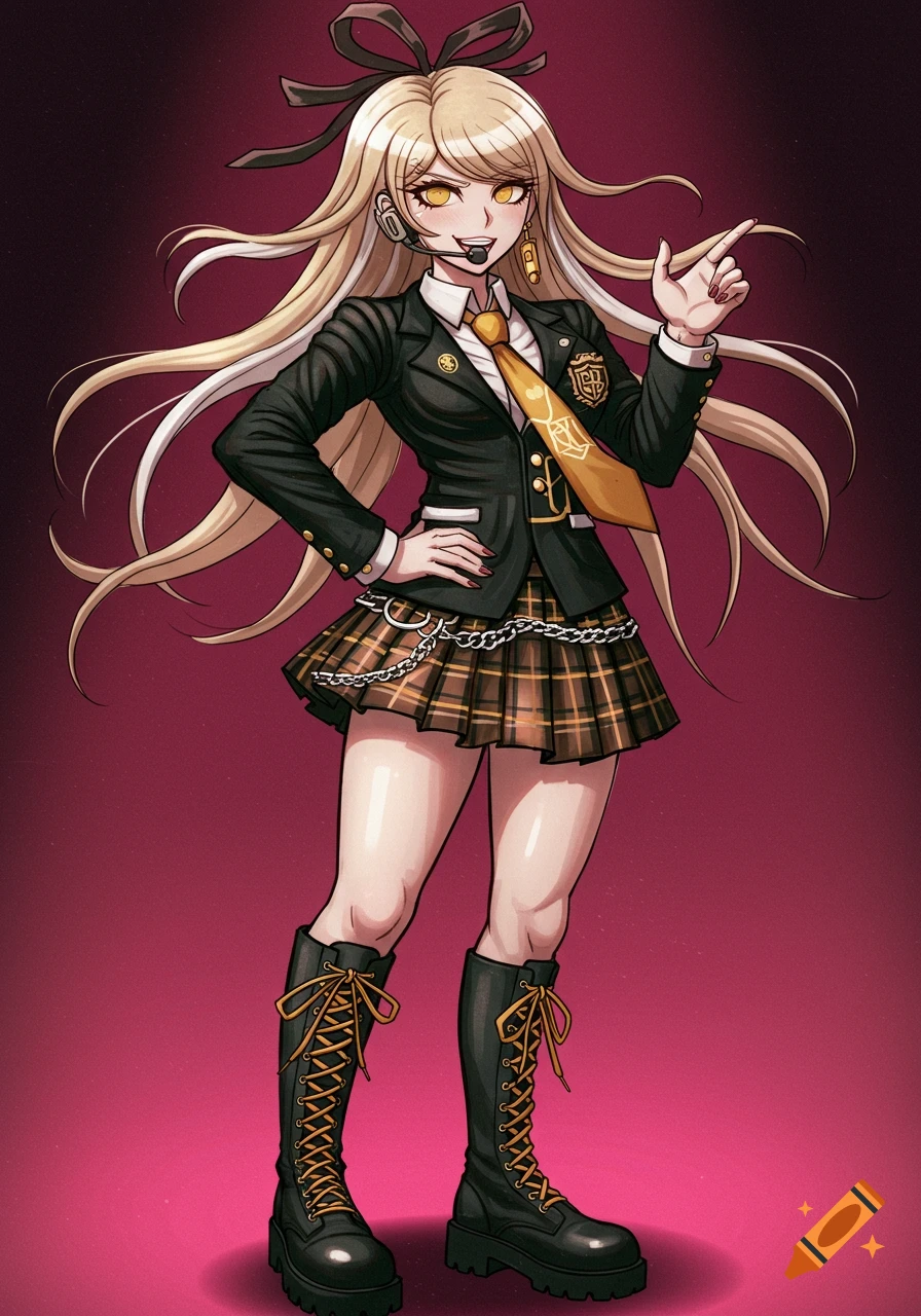 An anime girl with long blonde hair, a black blazer, plaid skirt, and tall black boots with yellow laces, pointing her finger.