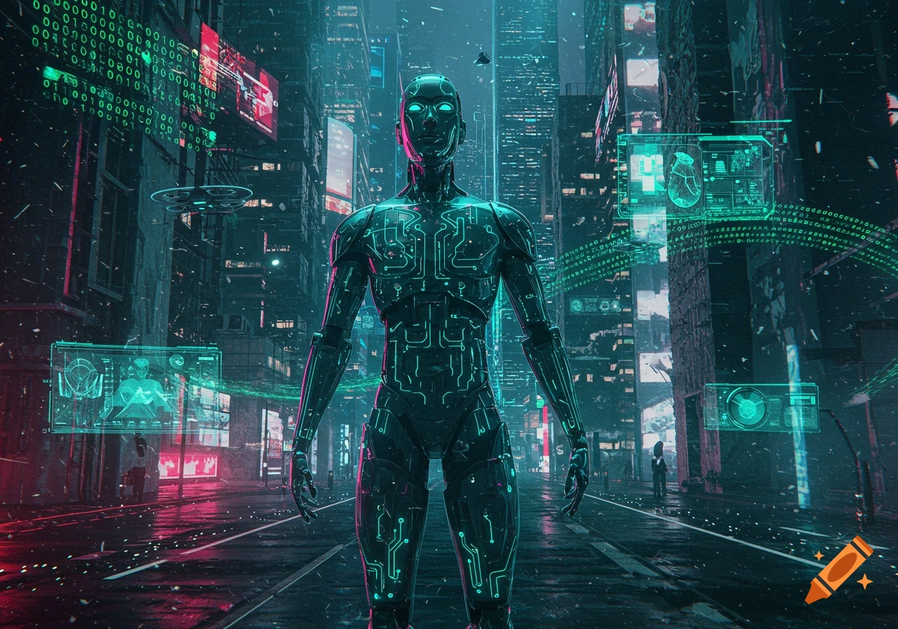 A glowing circuit-patterned robot stands in the center of a neon-lit, futuristic cyberpunk city with holographic screens and digital rain.