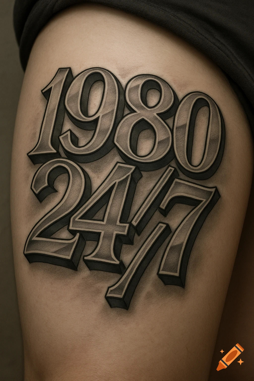 Realistic grayscale tattoo of '1980' above '24/7' on a person's thigh, with detailed shading.