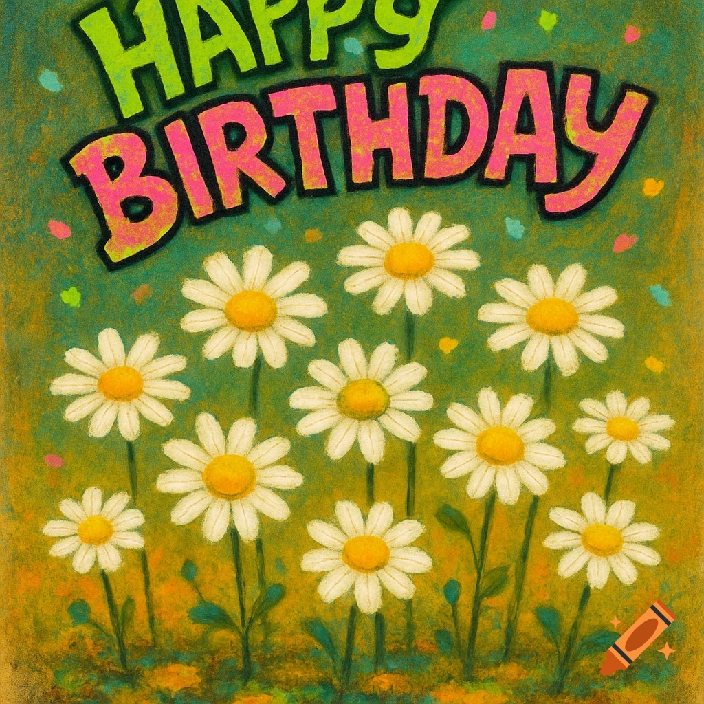 A vibrant birthday card illustration with "HAPPY BIRTHDAY" text in green and pink, above a field of white and yellow daisies on a textured green and gold background.