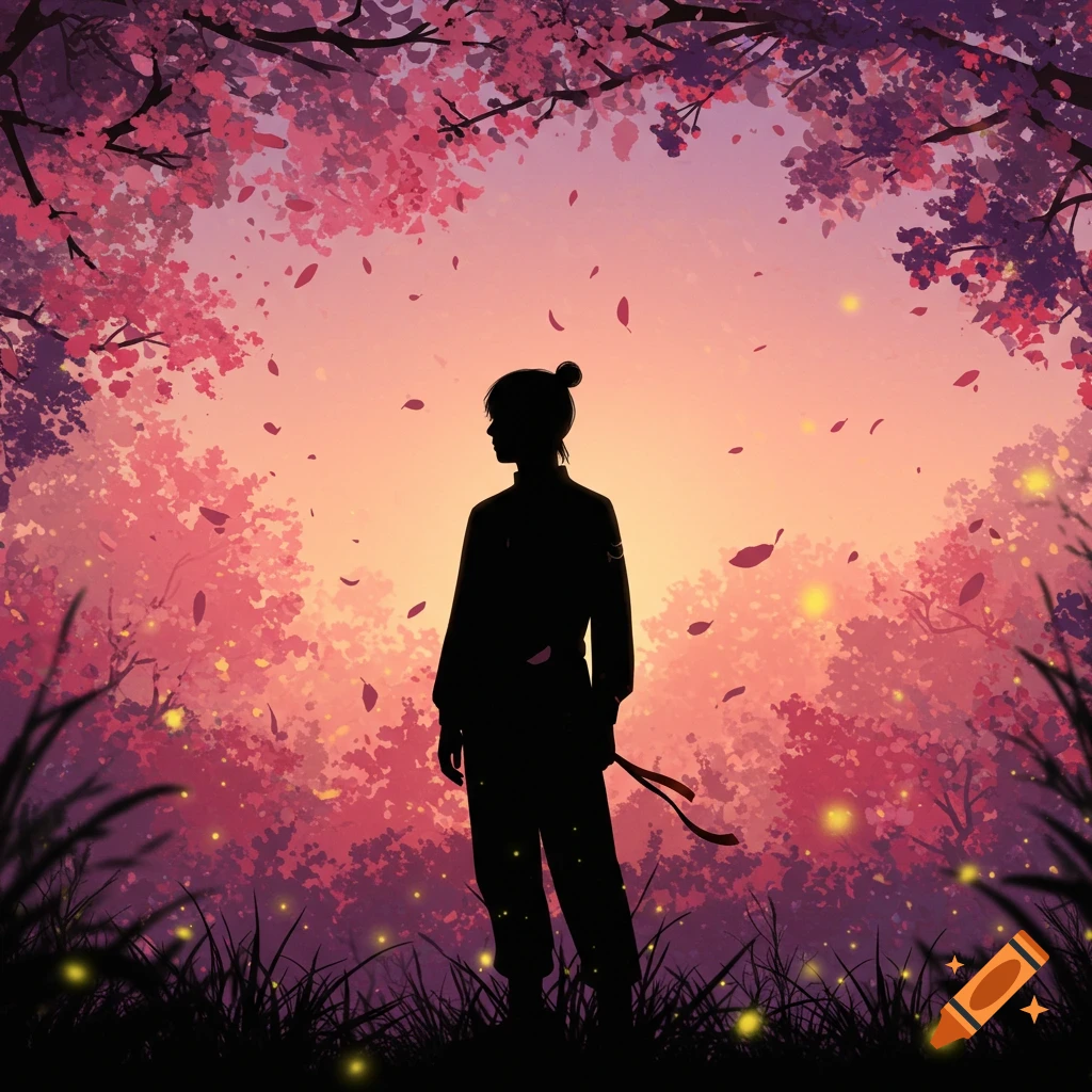 A silhouette of a person with a bun stands in a forest with pink cherry blossoms and falling petals against an orange-pink sky in an anime style.
