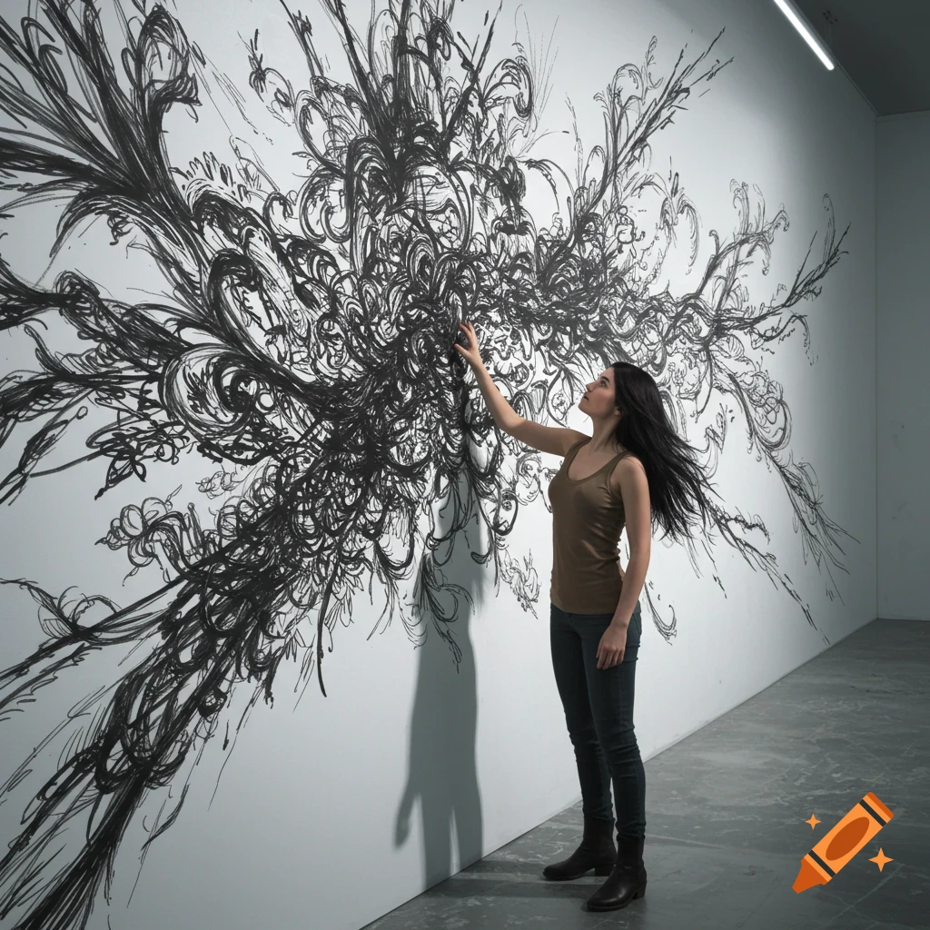 A woman touches a large, intricate black abstract drawing on a white gallery wall.