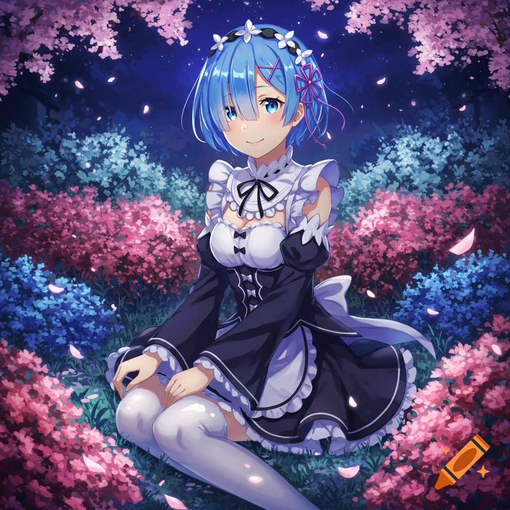 Anime character Rem in a maid outfit, sitting among pink and blue flowers under cherry blossoms at night.