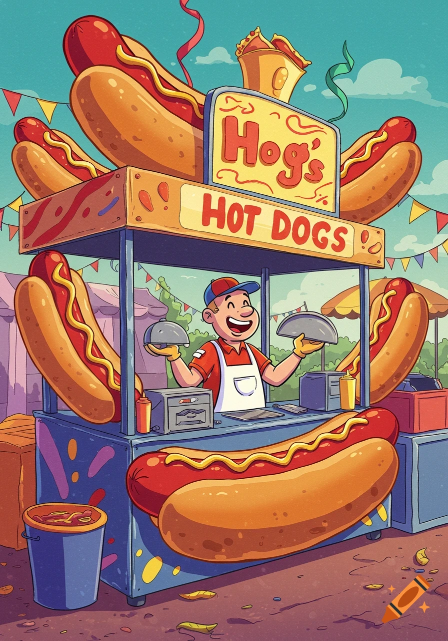 A cheerful cartoon hot dog vendor stands behind a colorful stand with giant hot dogs, displaying 'Hog's Hot Dogs' signs in a festive setting.