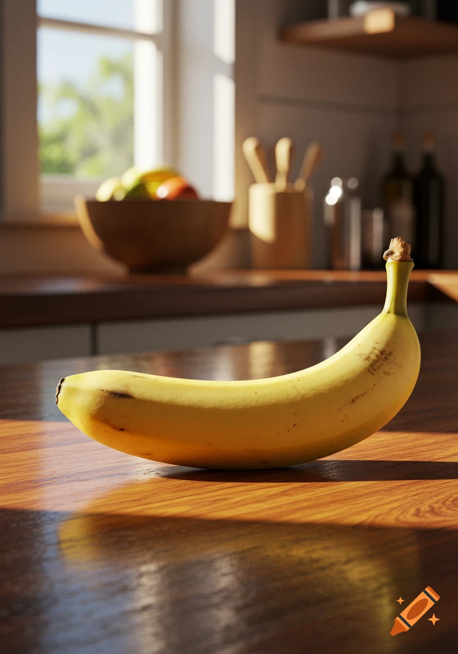 A single ripe banana with a few brown spots lies on a wooden kitchen counter, bathed in sunlight from a window.