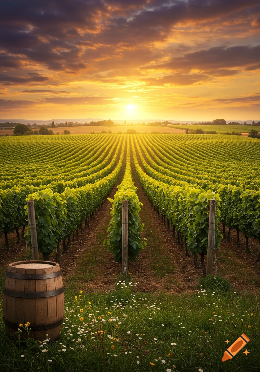 Photorealistic image of a vineyard with rows of green grapevines under a vibrant sunset sky, a wooden barrel in the foreground.