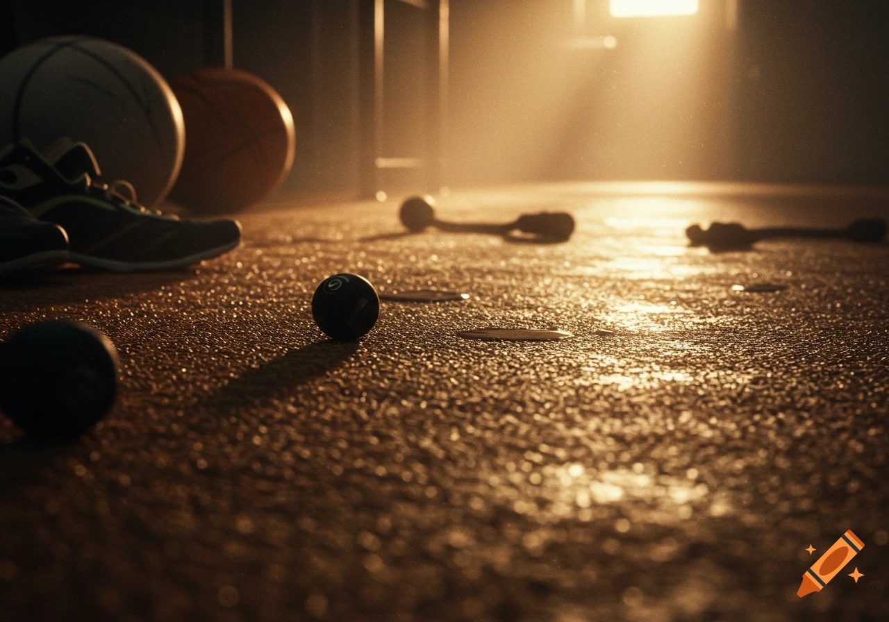 A low-angle shot of sports equipment including basketballs, sneakers, and small black balls on a wet, textured floor with dramatic backlighting.