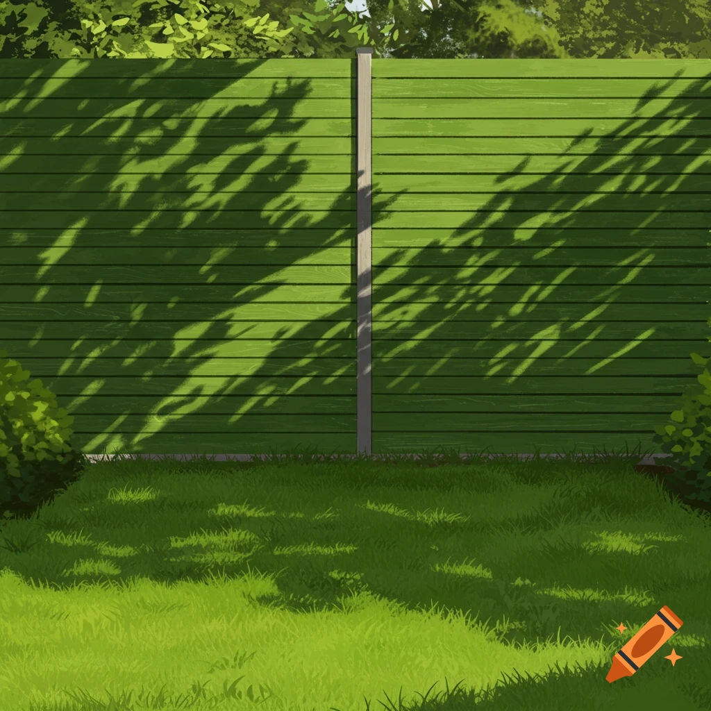 A green wooden slatted fence casts dappled shadows onto a sunny green lawn with bushes and trees overhead.