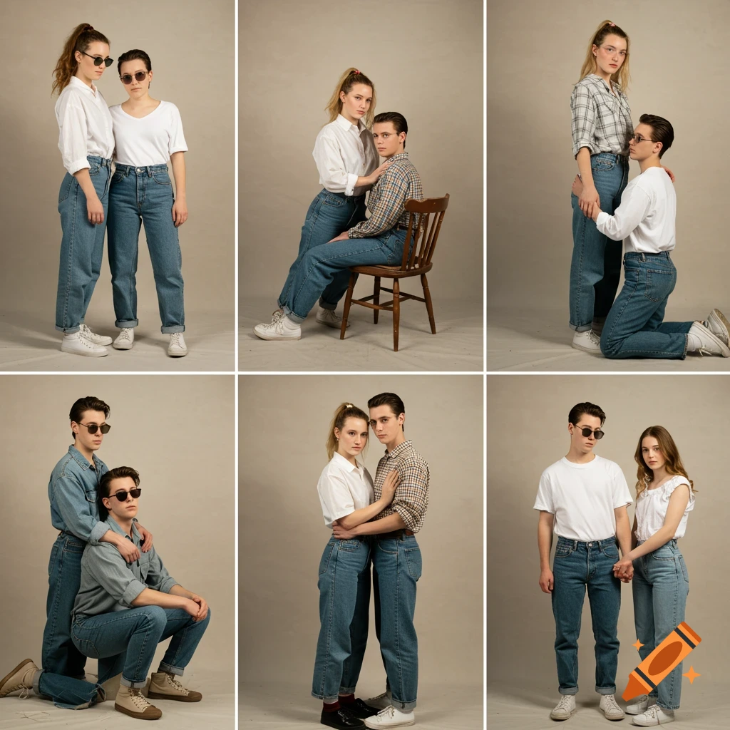 A collage of six retro 80s/90s style studio photos of young adult couples in various poses, dressed in high-waisted jeans and cotton shirts.