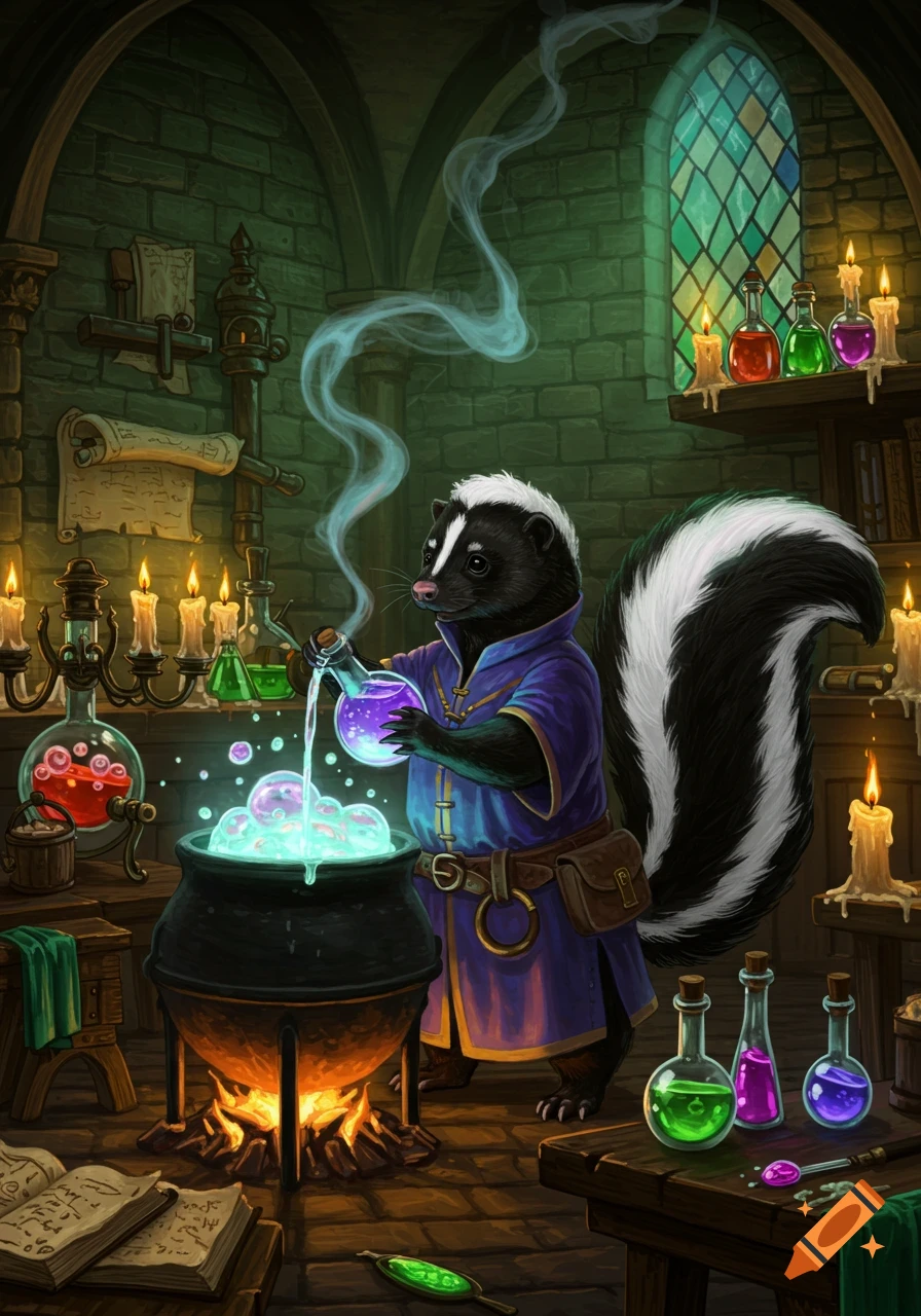 A skunk alchemist in a blue robe pours a purple potion into a bubbling cauldron in a dark, magical stone chamber.